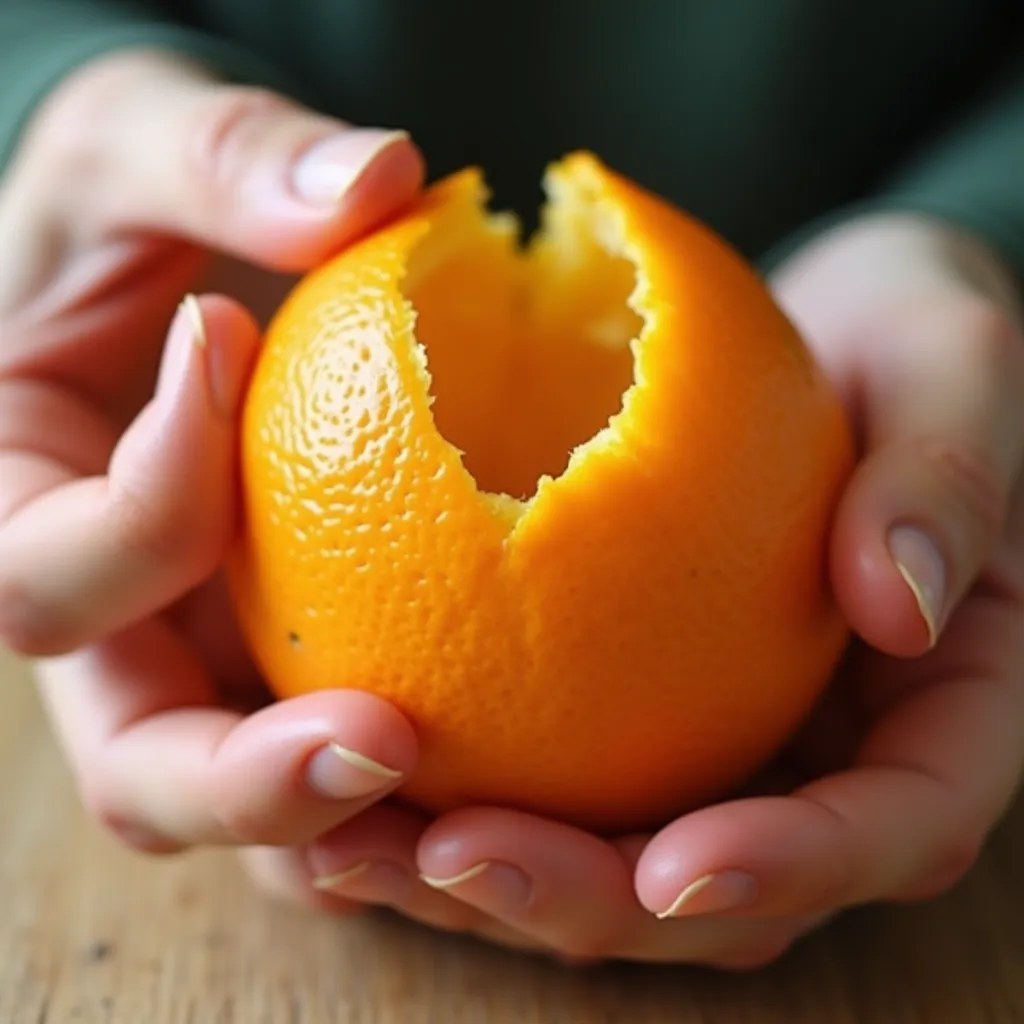 Mână decojind o portocală, simbolizând alimentația conștientă